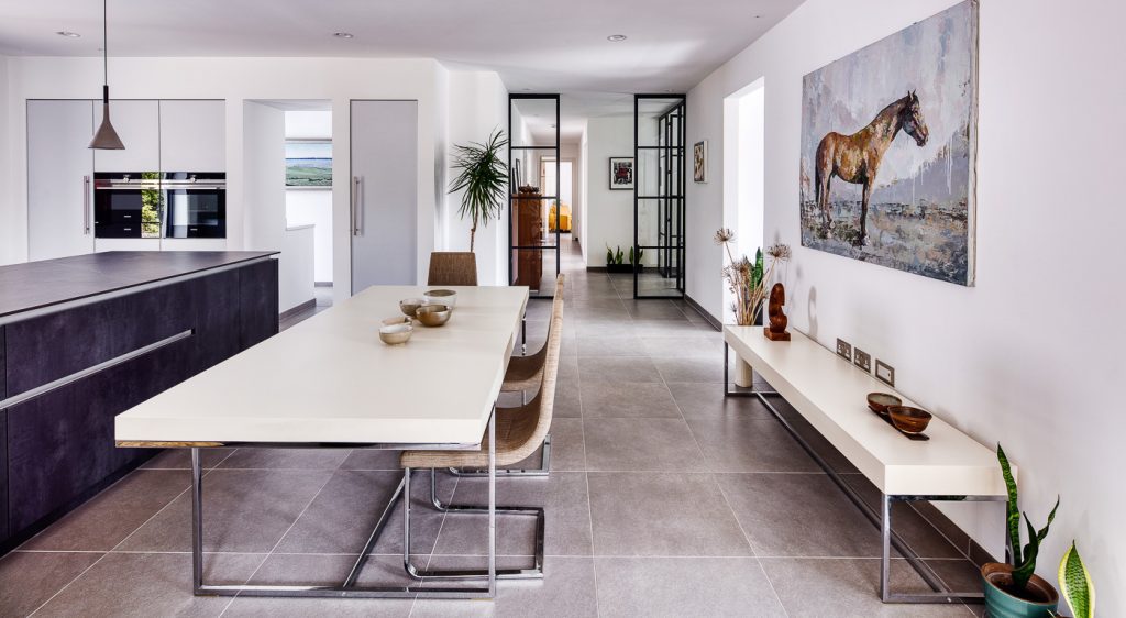 Newly refurbished and redesigned dining area inside a bungalow located in Branksome, Poole. Work by INKSPACE Architects and Interior Designers