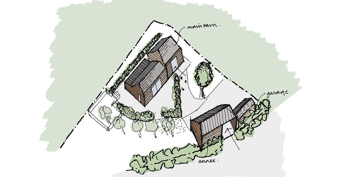 Design plan for Ellingham Barns - a three-barn conversion project in Dorset, by INKSPACE Architects and Interiors