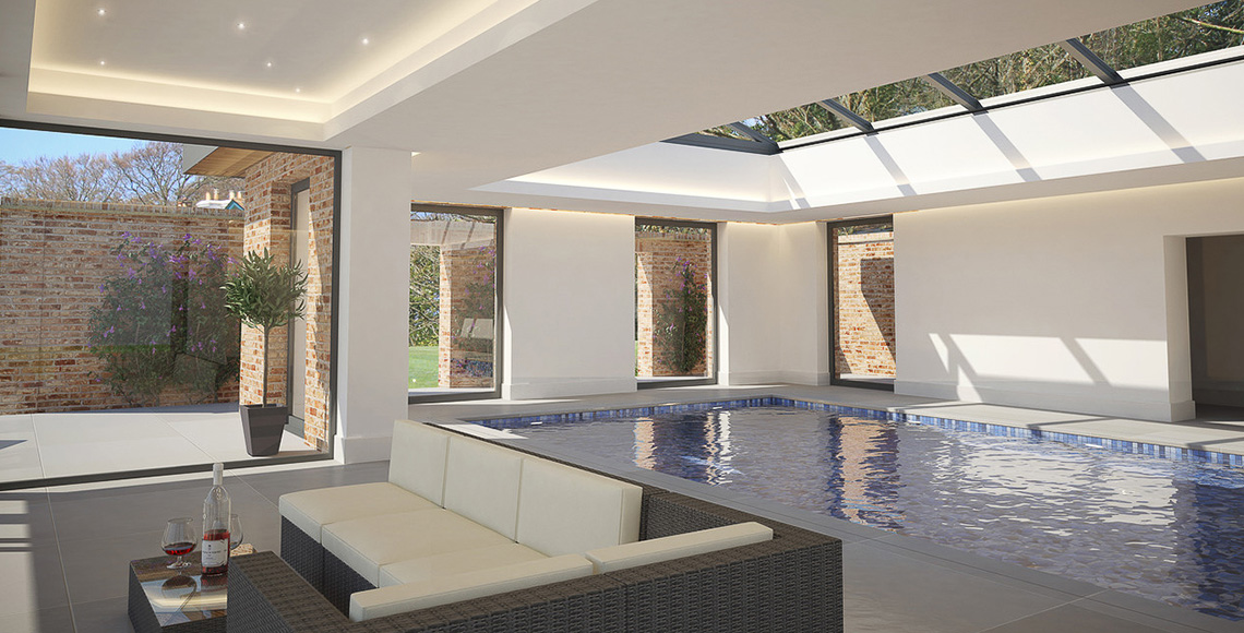 CGI design of a pool inside a gym building in the New Forest National Park area - a project by INKSPACE Architects and Interior Designers