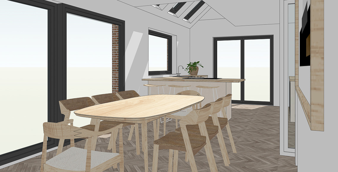 CGI design of kitchen and dining area in Little Garth, designed by INKSPACE Architects and Interior Designers in Dorset, Cornwall and Devon.