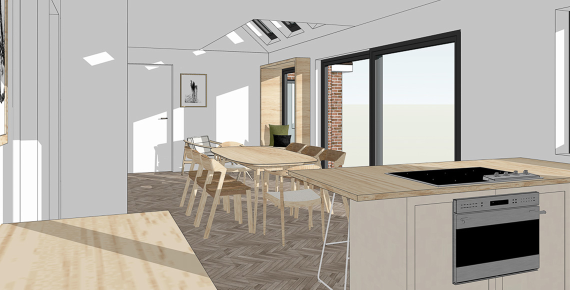 CGI design of kitchen and dining area in Little Garth, designed by INKSPACE Architects and Interior Designers in Dorset, Cornwall and Devon.