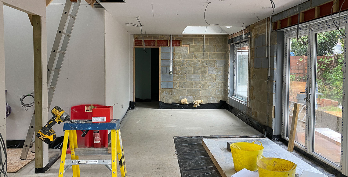 Room under construction in Little Garth, a project designed by INKSPACE Architects and Interior Designers in Dorset, Cornwall and Devon.