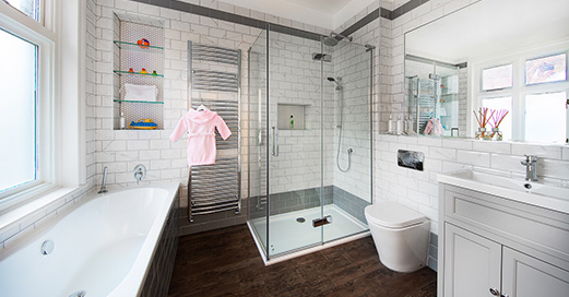 Modern redesigned and refurbished bathroom inside a 1920’s traditional house in Bournemouth - a project by INKSPACE Architects and Interior Designers